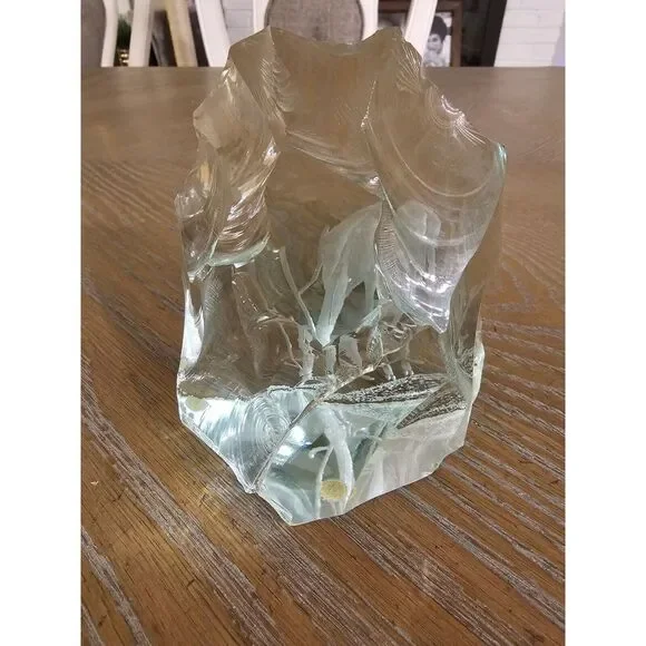 Vicke Lindstrand For Kosta Boda Blown Glass Block Blue Green Paperweight‎ Deer - Picture 4 of 16